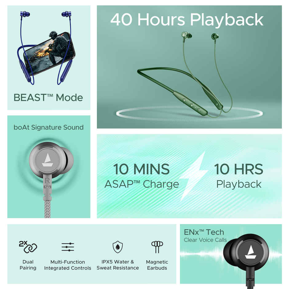 boAt Rockerz 110/Rockerz 109 Wireless in Ear Neckband with Up to 60 hrs Playtime, Dual Device Pairing, ENx Tech, ASAP Charging, BTv5.3,IPX5,Type-C Interface & Magnetic Power Buds - Active Black