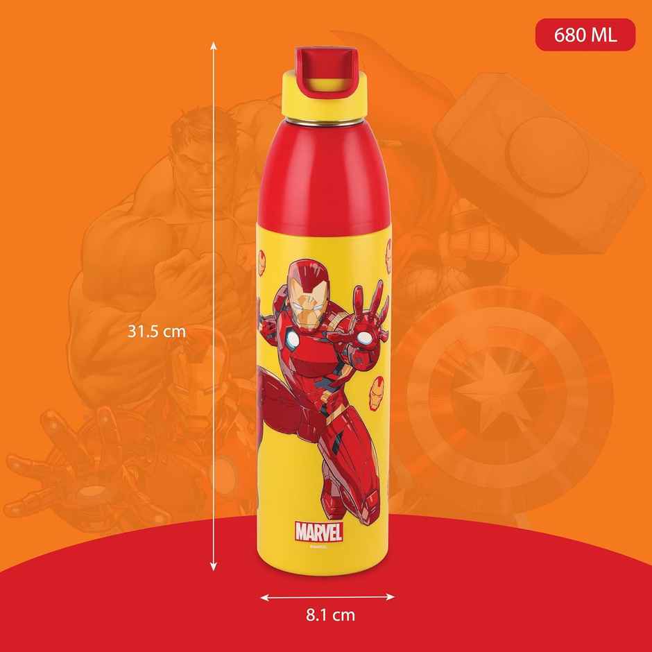 CELLO Kidzbee Uranus 600 Iron Man Print Water Bottle 540ml, Yellow | Leakproof
