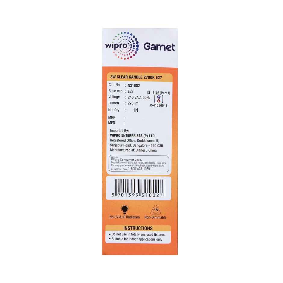 Wipro Garnet 3W LED Candle Bulb | E27 Base | Warm White (2700 K)