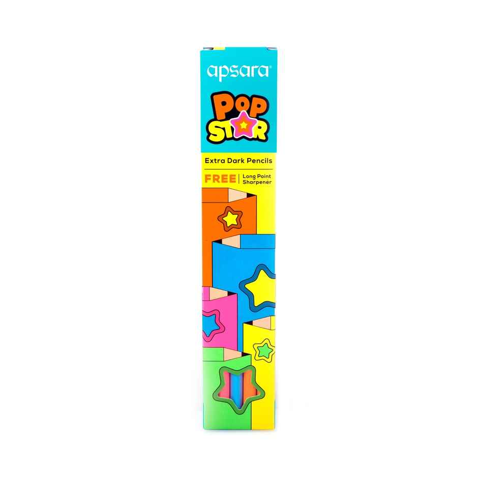 Apsara Popstar Pencils 5 Neon Shades With Extra Dark Lead & Star Rubber Tip