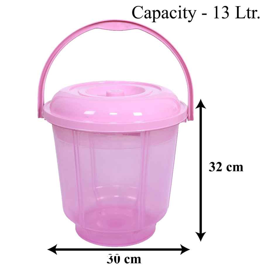 Kuber Industries Plastic Bucket|Transparent Bucket with Lid & Handle for Bathroom | 13 Litre (Pink)