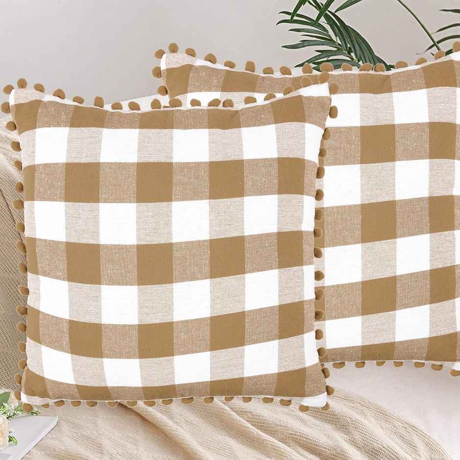 Lushomes Cotton Cushion Covers - Beige White Checks | Pom Pom | 18 x 18 inch