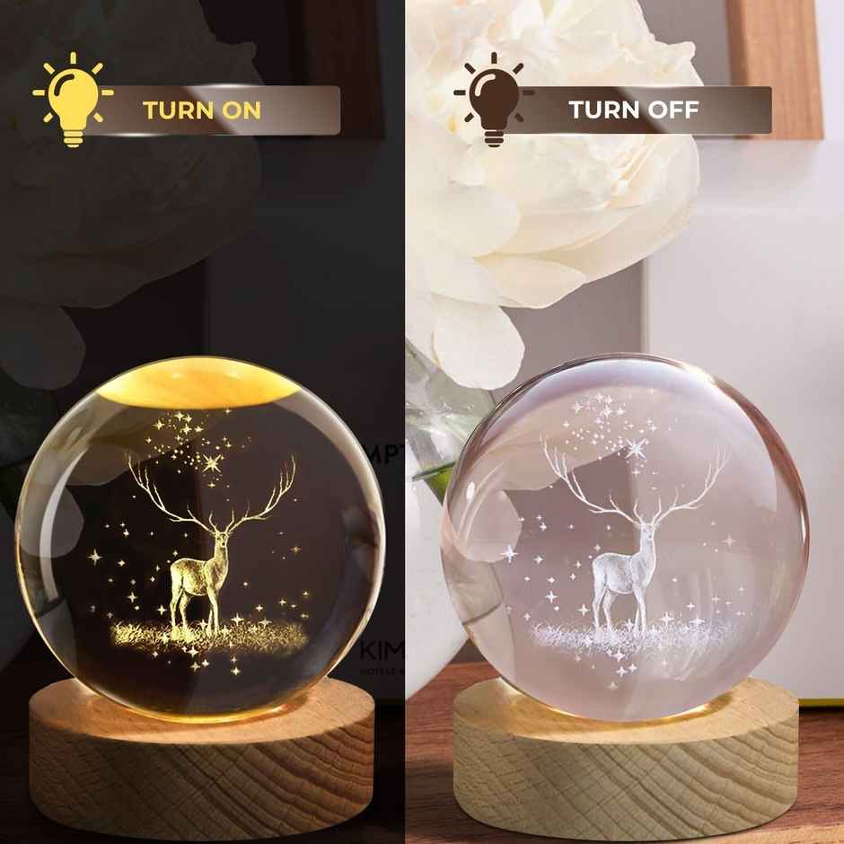 Hashwow Deer 3D Crystal Ball Night Light | 2.4 Inch LED Glass Lamp with Wooden Base|Gift