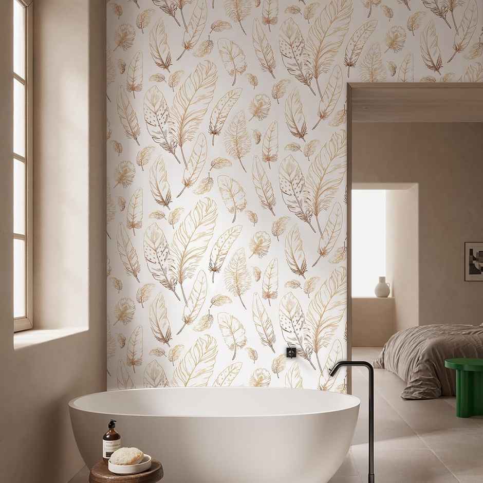 Wollzo Golden Feather Drift Decorative Wallpaper | 45 x 500 cm