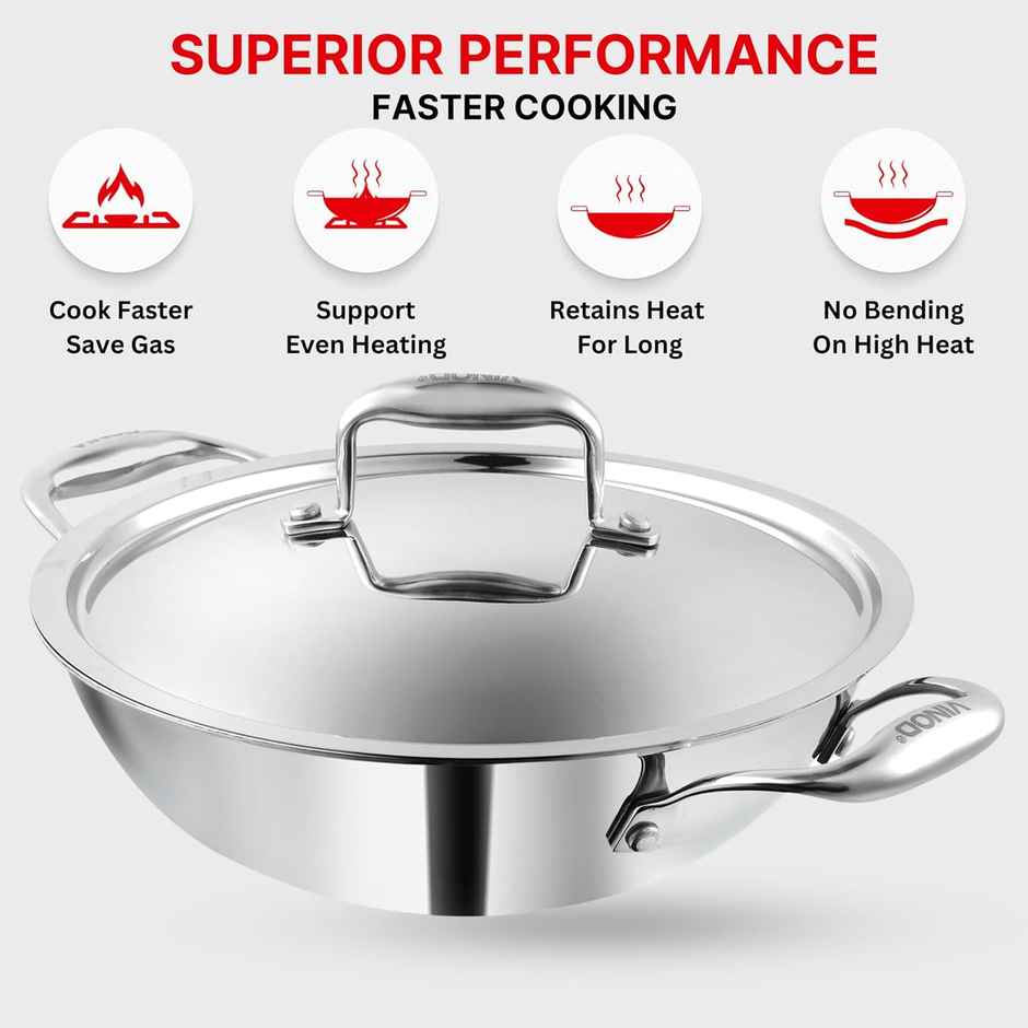 Vinod Platinum Triply Stainless Steel Extra Deep Kadai With Lid- 24 Cm, 3.2 L (Induction Friendly)