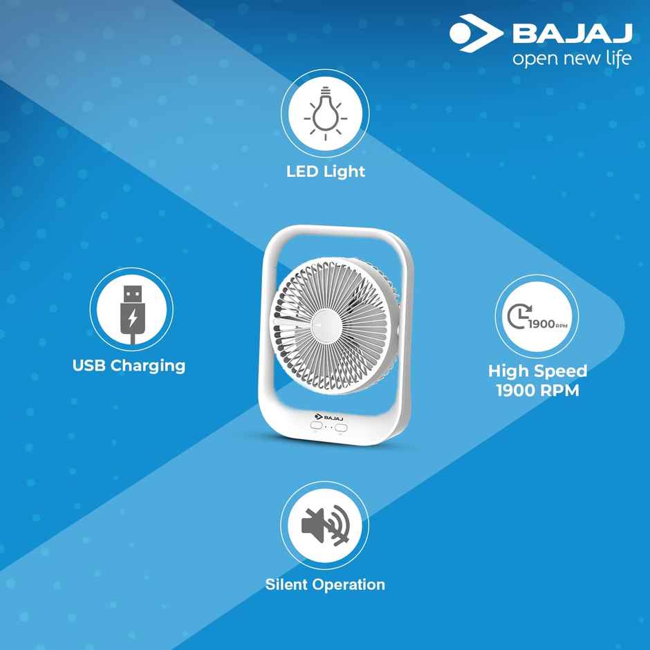 BAJAJ PYGMY USB Portable Fan, 178mm, LED Light, Silent Operation, White