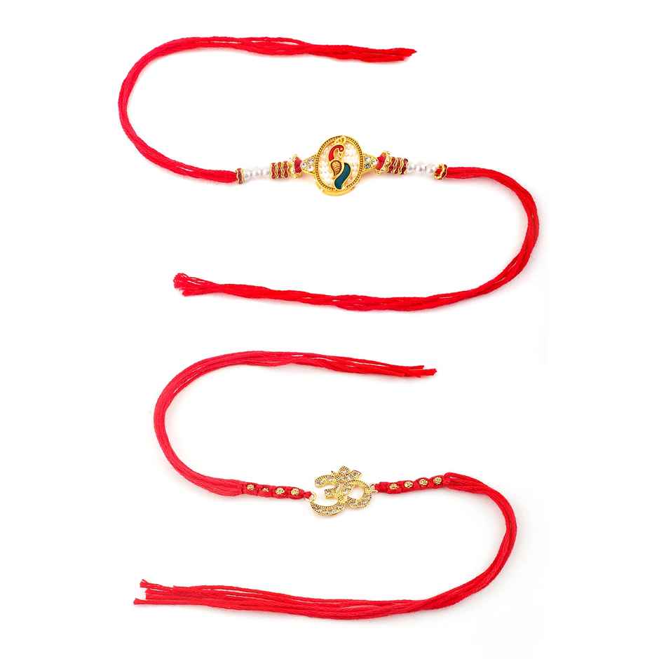 Rubans Gold Toned Set Of 2 Om And Peacock Motif Stone Studded Rakhi - Elegant and Protective
