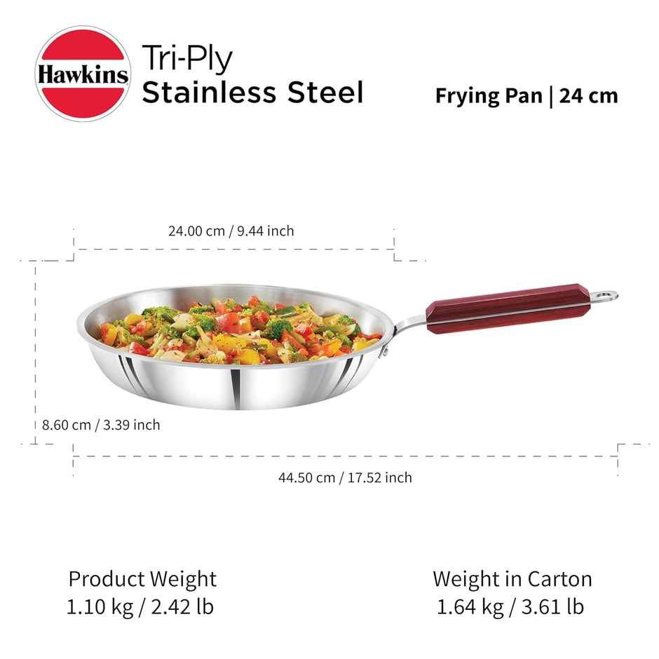 Hawkins 24 Cm Frying Pan, Triply Stainless Steel Fry Pan, Induction Frying Pan, Silver (Ssf24)