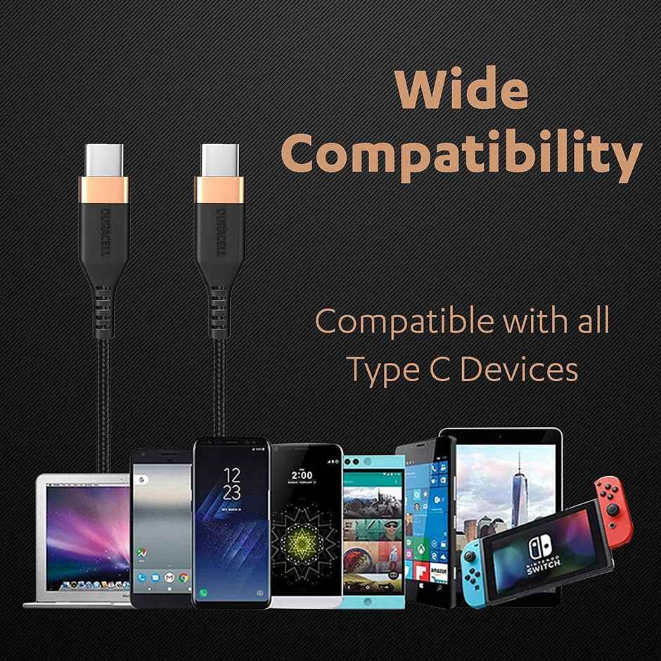 Duracell USB Type C To Type C USB Cable 4A(60W) Braided Sync& Charging Cable,Compatible With Mobile,Laptop,Tablets&Macbook,3.9 Feet(1.2M) Supports Power Delivery(Pd) With Rapid Data Transmission - Black
