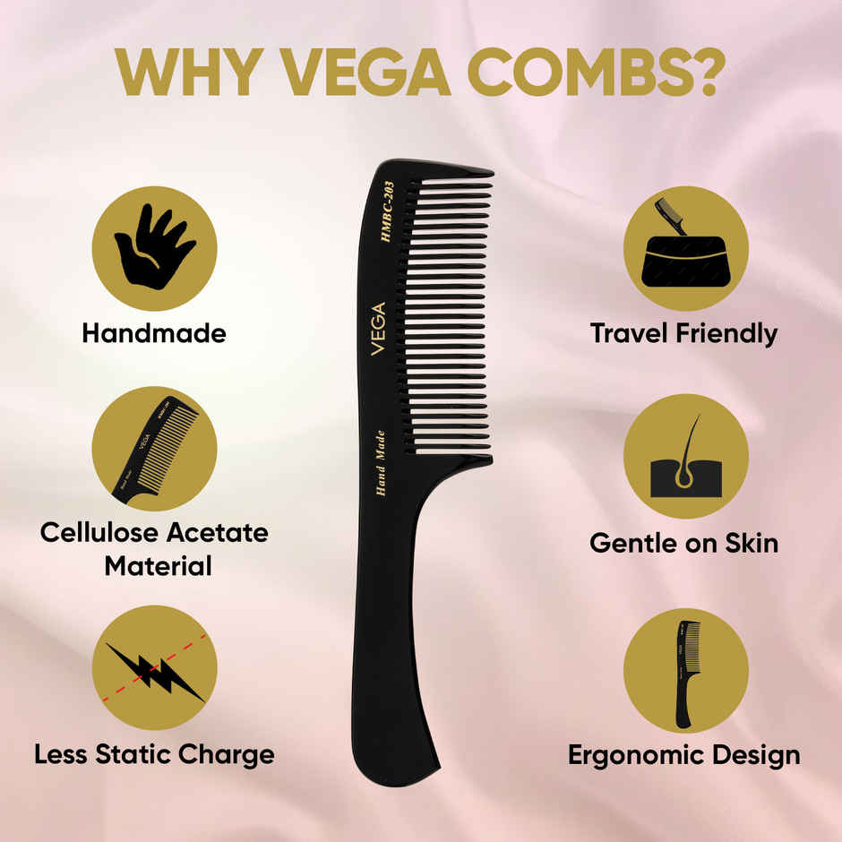VEGA Grooming Hair Comb,Handmade | For Men And Women | Black | Hmbc-203