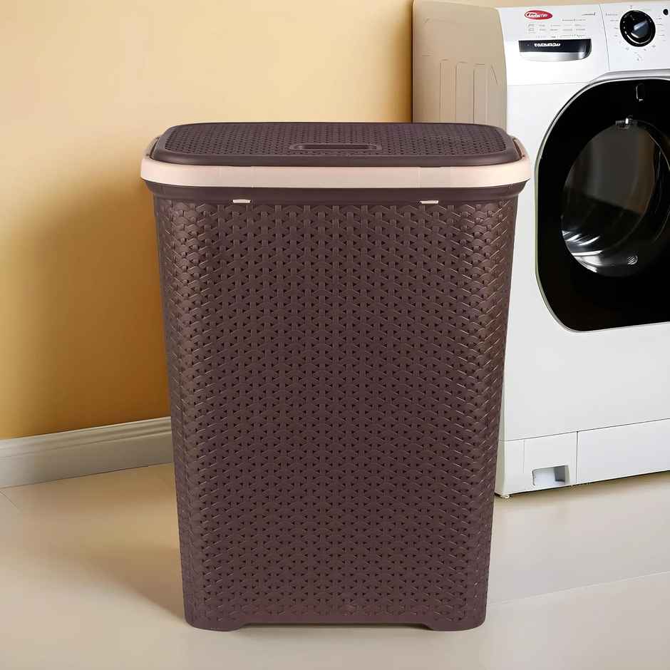 Kuber Industries Plastic Laundry Basket with Lid For Bathroom|ELEGANCE|Brown