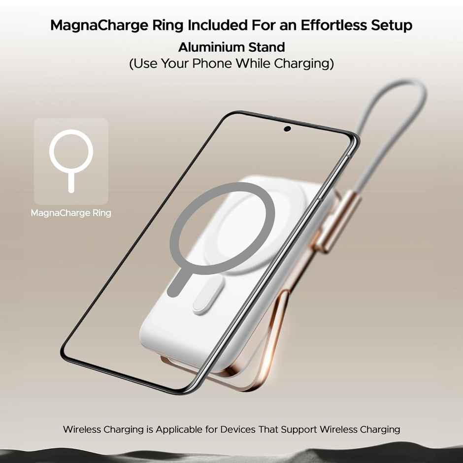 boAt Energyshroom PB330 MagnaCharge 10000 mAh Magnetic Wireless Power Bank w/ 15W Wireless Charging, Metal Stand,Magnacharge Ring for iPhone and Android Phones w/Wireless Charge - White