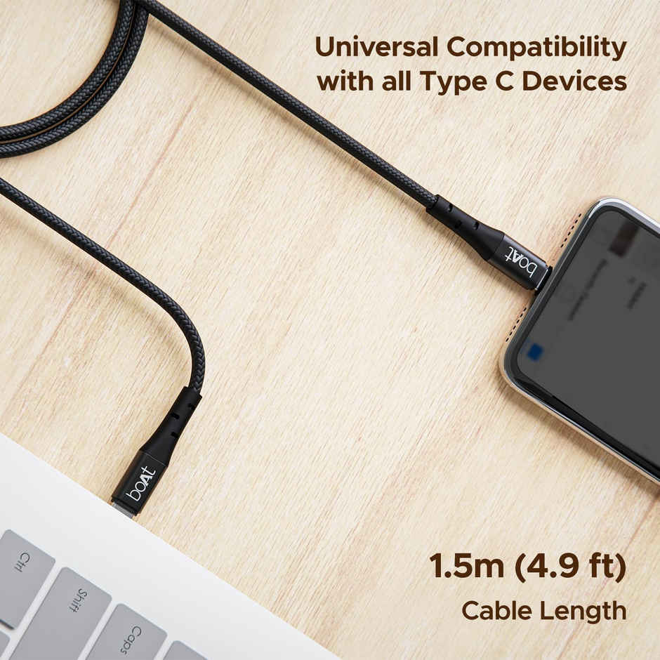 boAt Type-C C300 Tangle-Free, Sturdy w/60W/3A PD C to C Fast Charging Cable, Compatible w/Xiaomi, Oneplus, Samsung, Vivo & Oppo, 480 Mbps Data Transmission Speed, Nylon Braided Skin & 1.5m Length - Black