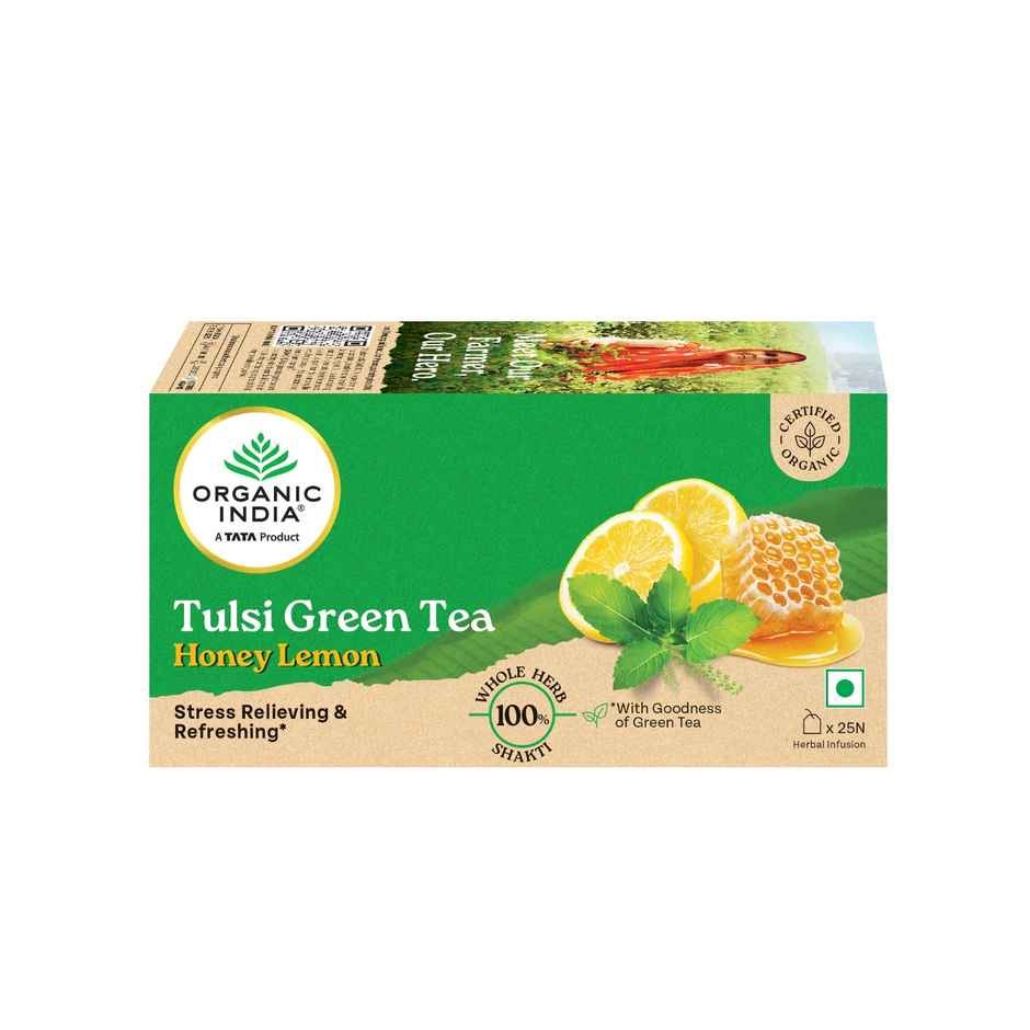 A TATA Product - Organic India Honey Lemon Flavored Tulsi Green Tea - 25 Tea Bags
