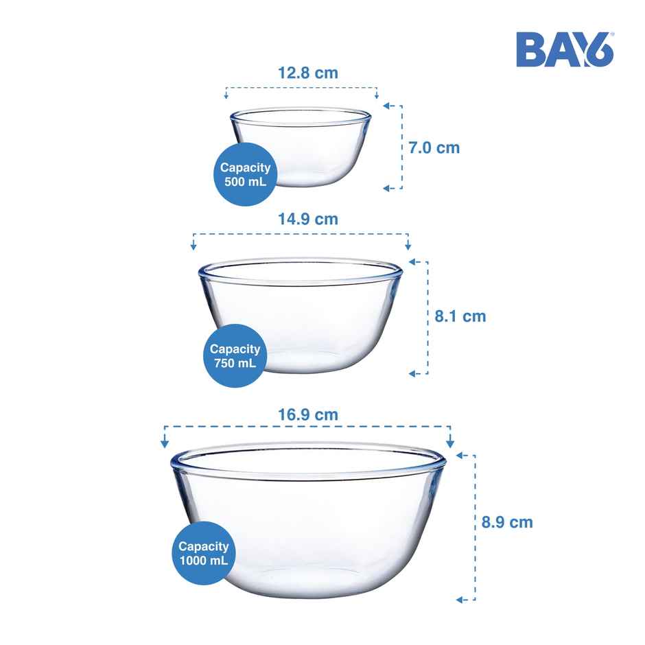 BAY6 Premium Imported Borosilicate Glass Mixing Bowl - Set of 3 -(500ml+750 ml+1000 ml)