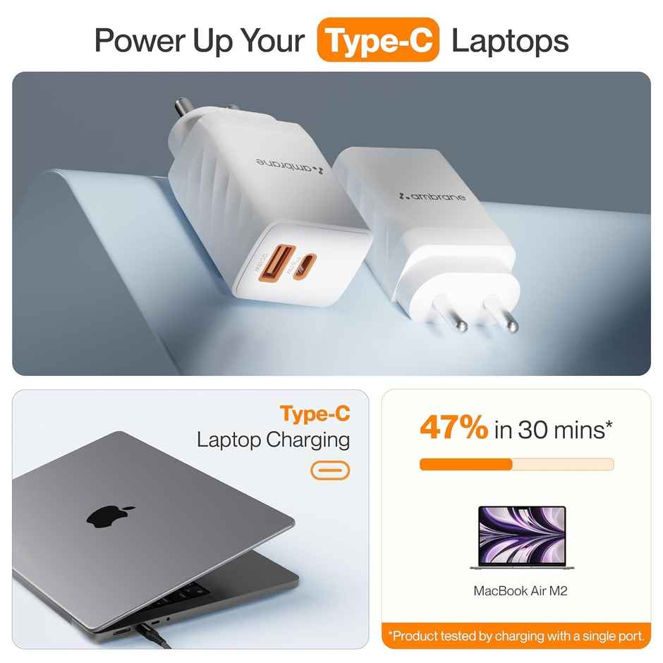 Ambrane 67W Dual Port Fast Charger for Laptop, Lenovo, HP, ASUS, Dell, MacBook & all Smartphones