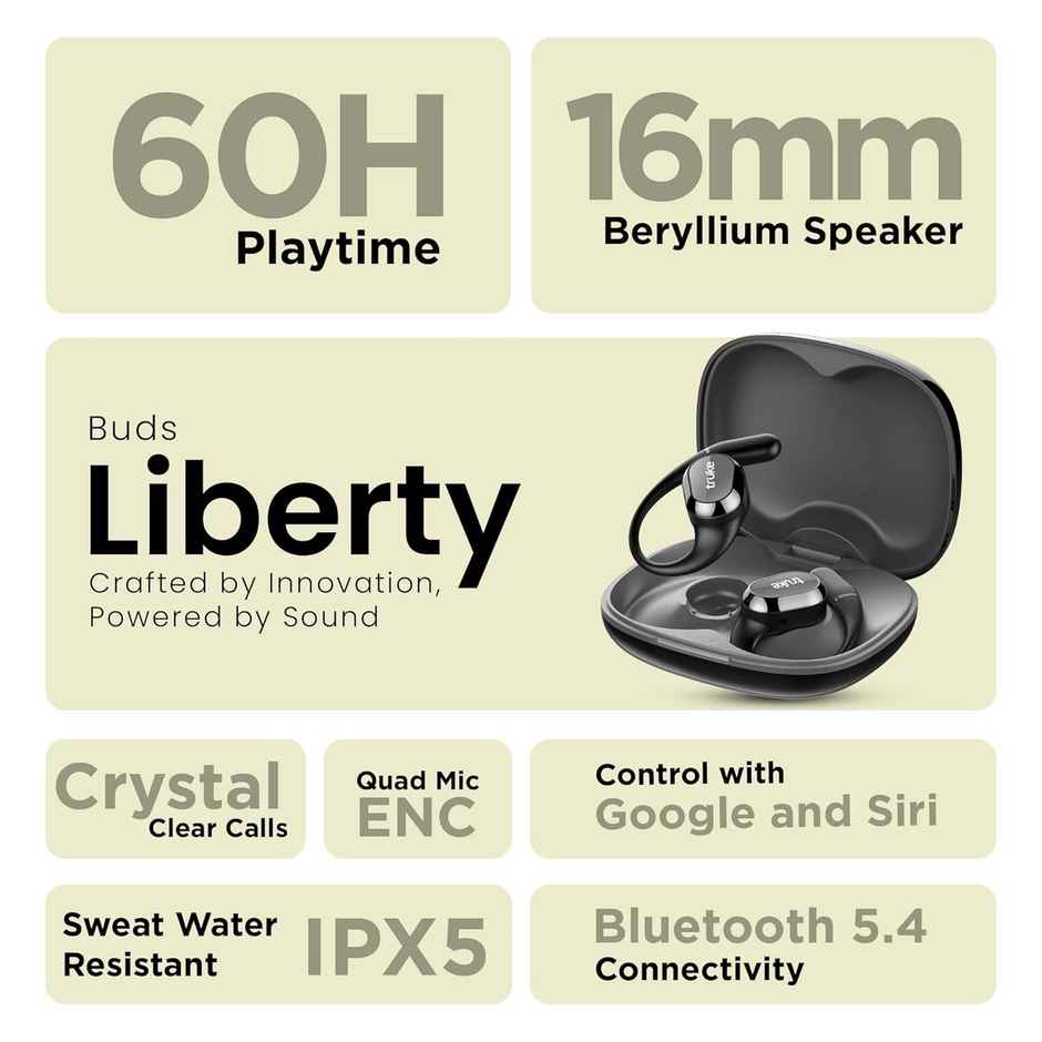 truke Buds Liberty Truly Wireless Bluetooth OWS with SpatialAudio, 60H Battery - OnyxBlack