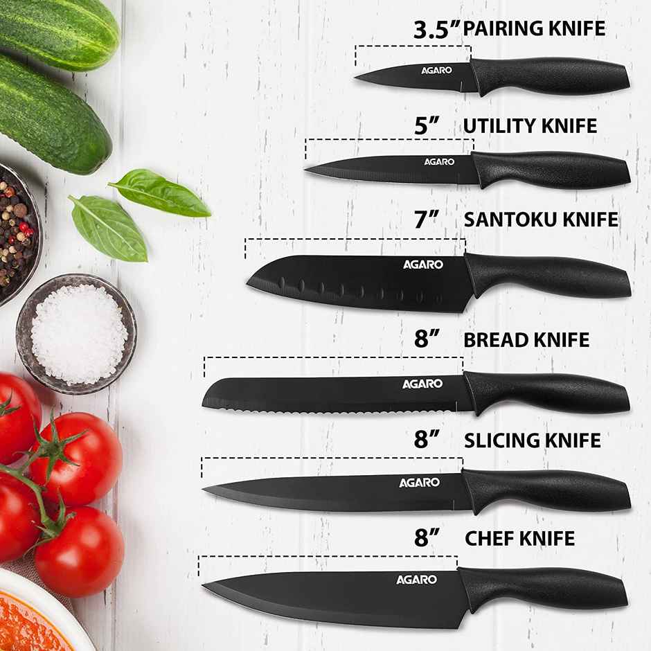 Agaro Royal 6 Pcs Kitchen Knife Set With Covers, High Carbon Stainless Steel Black Colour Coated