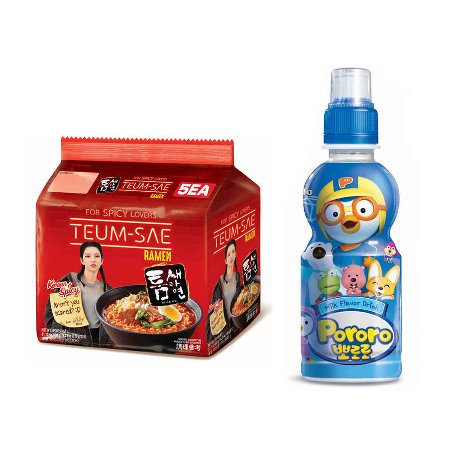 Paldo Teumsae Ramyun Spicy Korean Noodles (Pack Of 5)(600gms) & Pororo Korean Drink Milk Flavor Flavor(235ml) Combo
