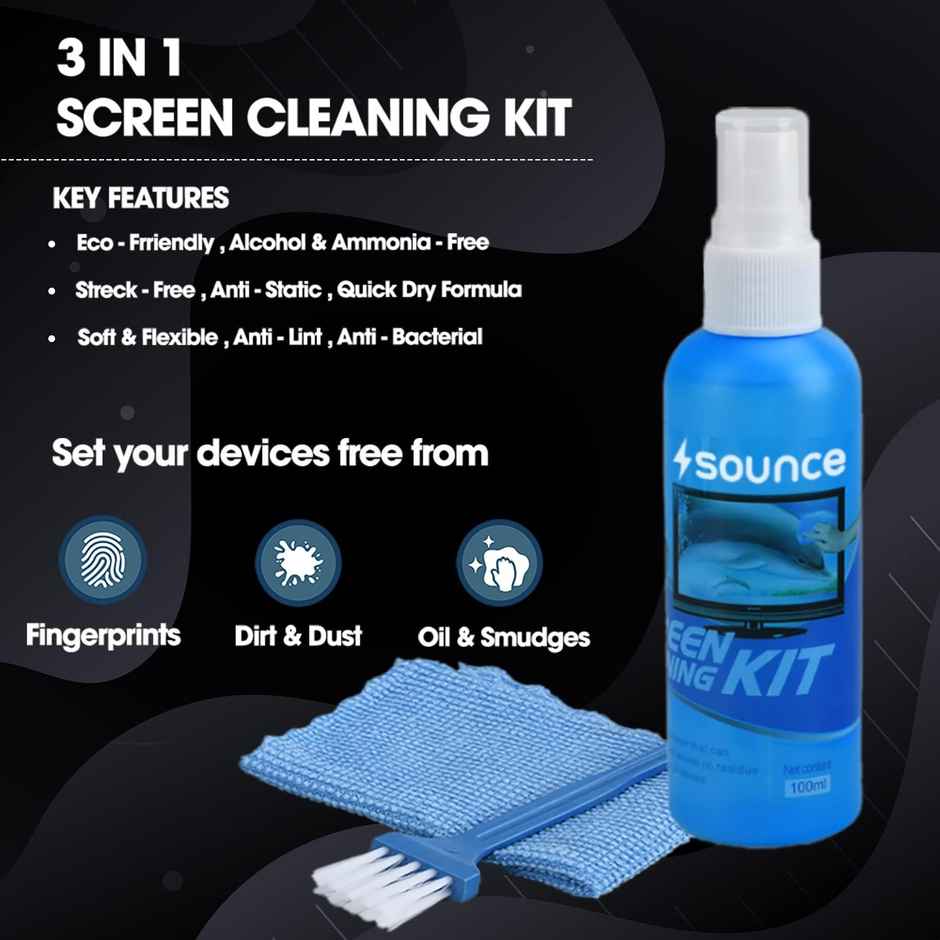Sounce 3 in 1 Cleaning Set for Screen PC, Laptops, Monitors, Mobiles, LCD, LED, TV/Professional Quality/Prevents Static Electricity, 100ml with Micro Fiber Cloth and Soft Brush