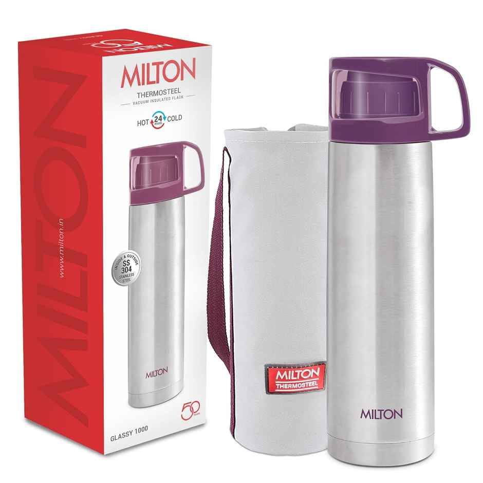 Milton Glassy Thermosteel 24 Hours Hot And Cold Water Bottle With Drinking Cup Lid | 1 L | Purple