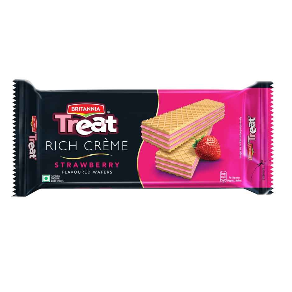 Britannia Treat Rich Creme Strawberry Flavoured Wafers | Light Crispy Fruity Snack