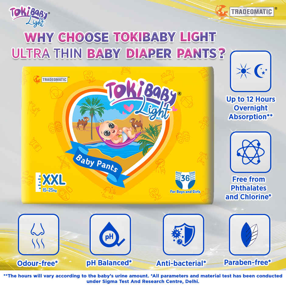 TokiBaby Light Ultra Thin Pull Up Baby Diaper Pants | Size XXL | 24 Months Above | Pack Of 36