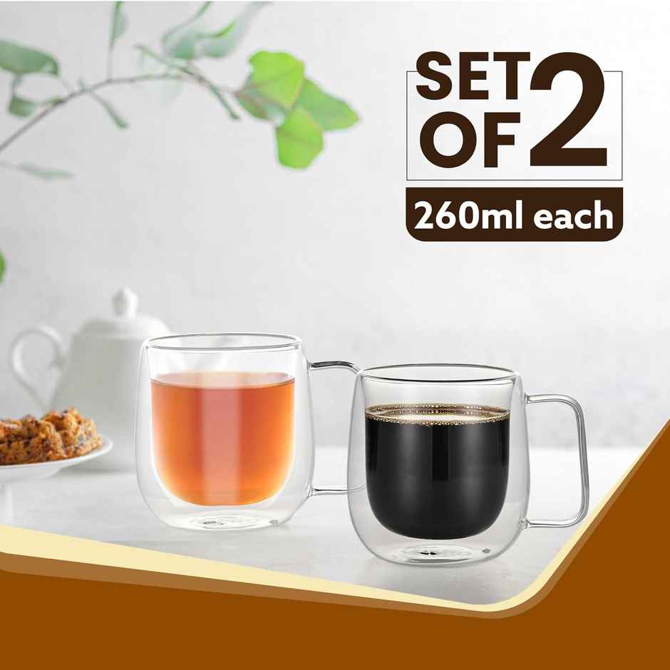 AGARO Elite Double Wall Glass Cup, Borosilicate Glass, 260 ml each, Tea, Coffee, Pack of 2