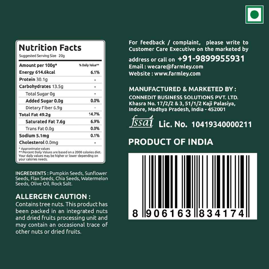Farmley Seed Mix Superfood Rich In Protein- Pumpkin, Watermelon, Sunflower, Flax, Chia Seeds
