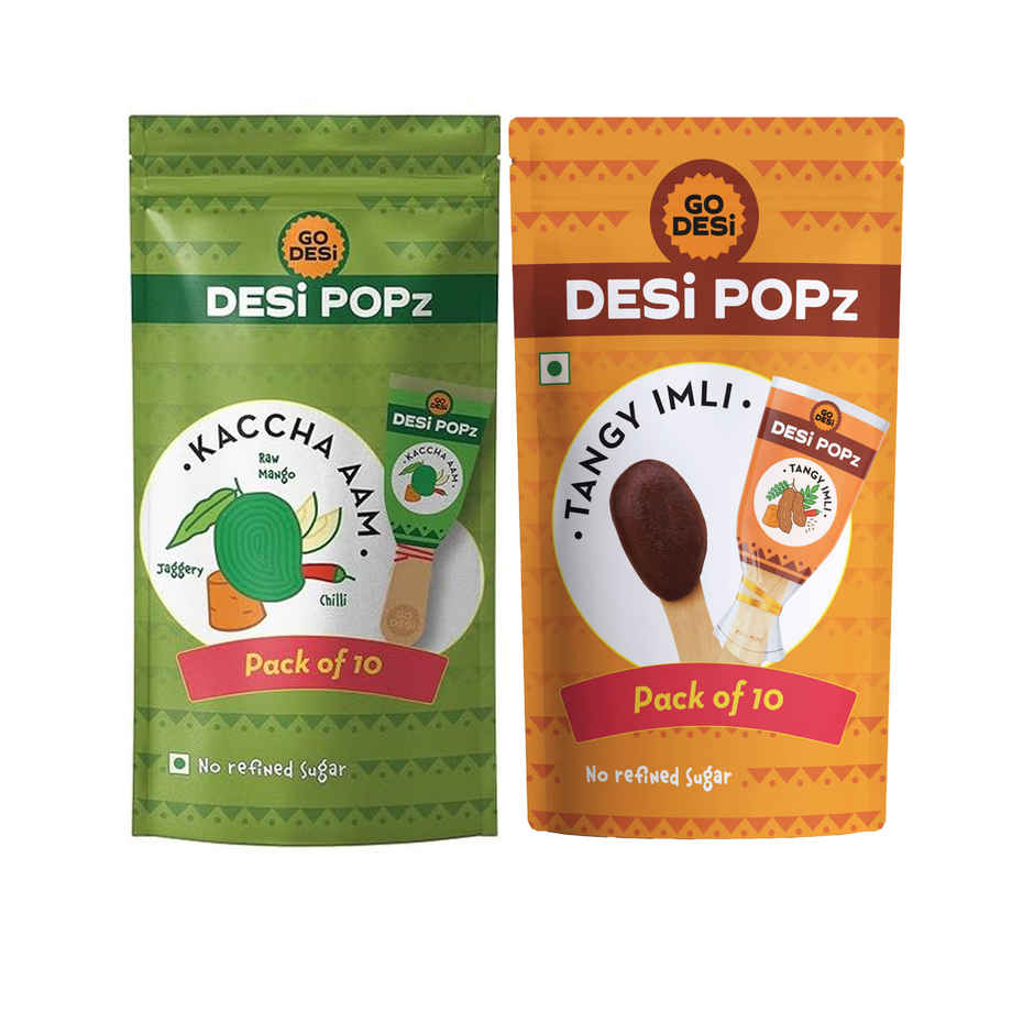 Go Desi Desi Popz Kaccha Aam Mango Candy (10pc) & Tangy Imli (Tamarind) 10 Pcs Sour Candy | No Refined Sugar | Lollipop By Go Desi (10pc) Combo