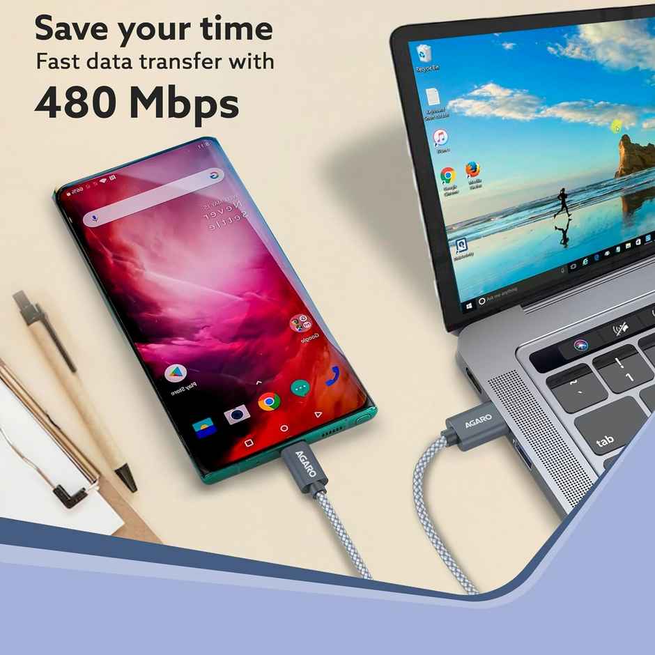 AGARO USB-A to Type C Cable, Unbreakable Braided Cable, 3A Fast Charging, Compatible with All Type C Devices Including Smartphones, Tablets etc, PD Technology, 1 M (3.2Ft), 480 Mbps Data Transmission - Grey