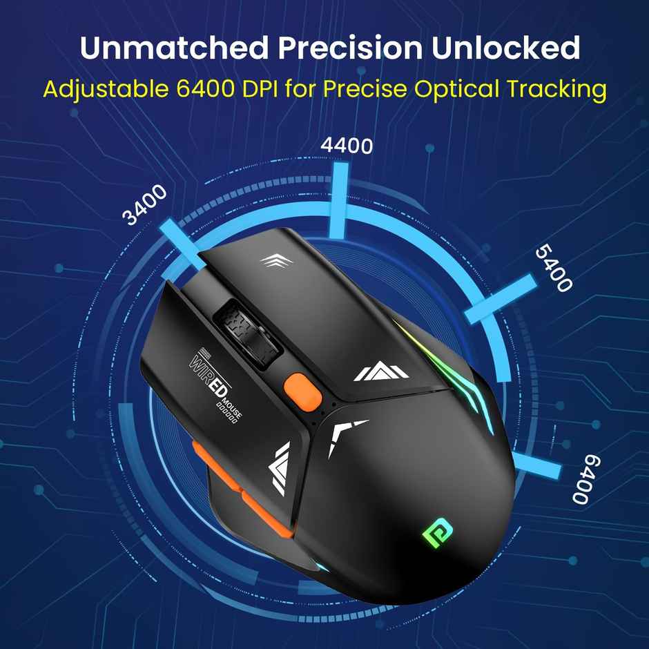 Portronics Vader Wired Gaming Mouse with 6 Buttons, Thumb Support, Adjustable DPI (6400 Max), RGB Light Effects, Ergonomic Design, 1.5 m Long USB Cable for Laptop & PC - Black