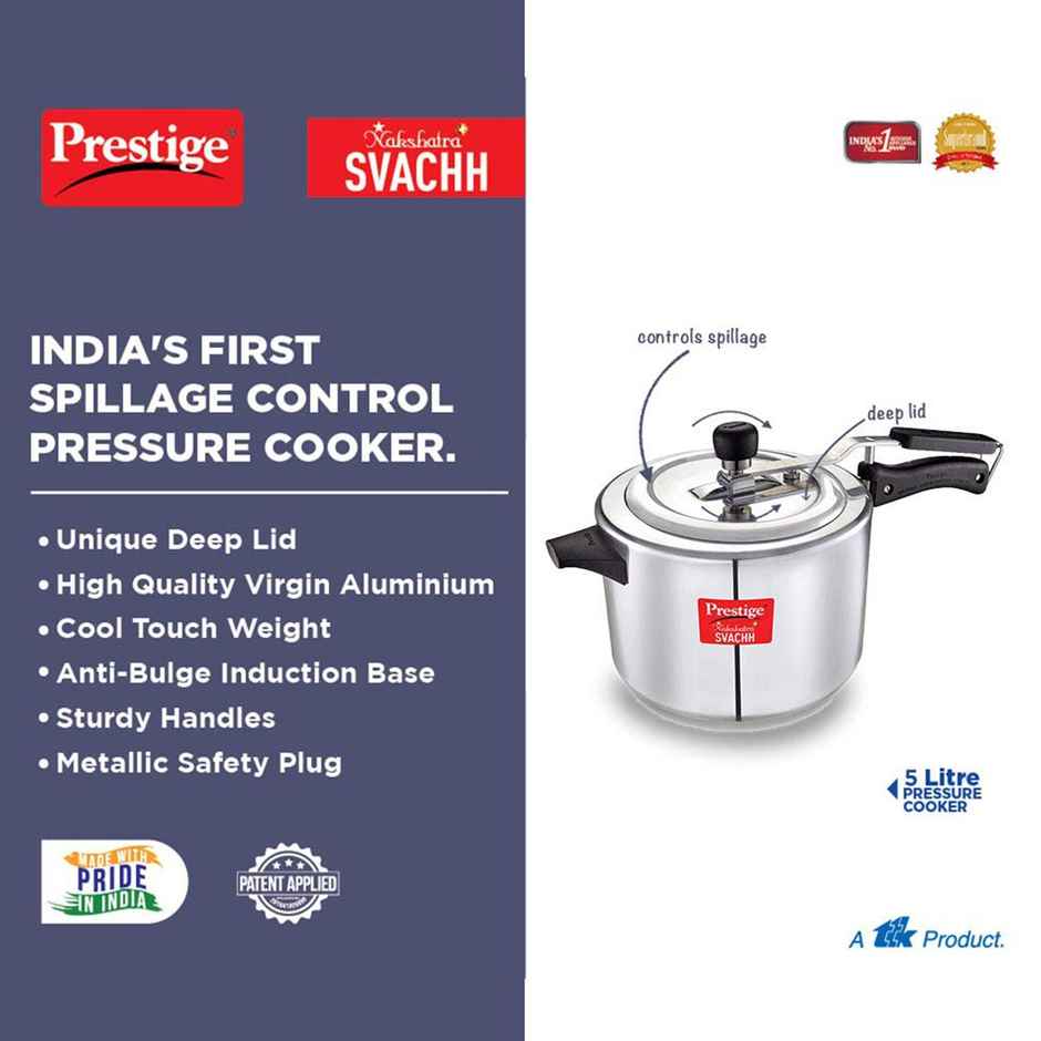 Prestige Aluminium Inner Lid Nakshatra Plus Svachh Spillage Control Pressure Cooker, 5 L (Silver)