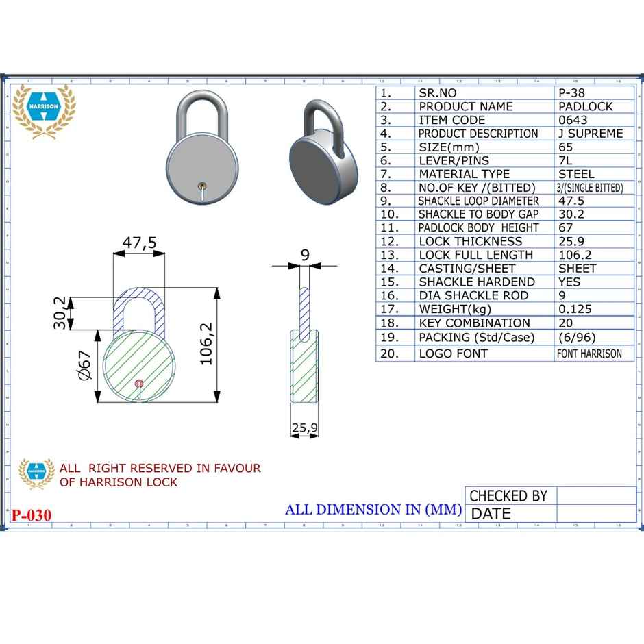 Harrison Lock J Supreme 65Mm With 3 Keys