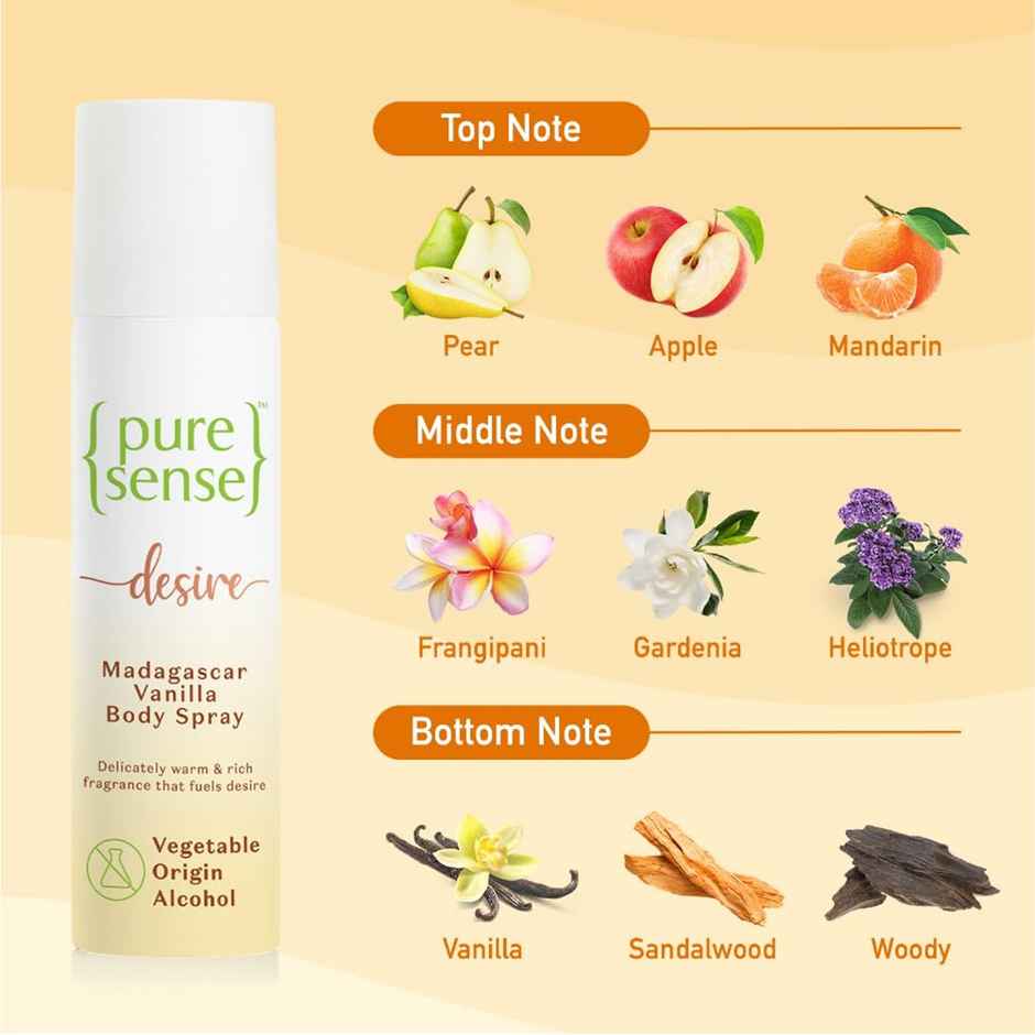 PureSense Body Spray Desire Madagascar Vanilla No Gas Deodorant for Women