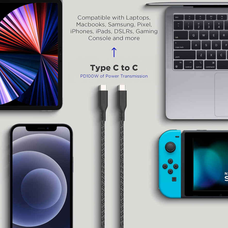 Stuffcool ecolo Type C to C PD 100W Sync & Charge Cable GRS Certified Recycled Plastic compatible with iPhone 15 and 16, MacBooks and laptops that require Type-C PD 100W charging - Black