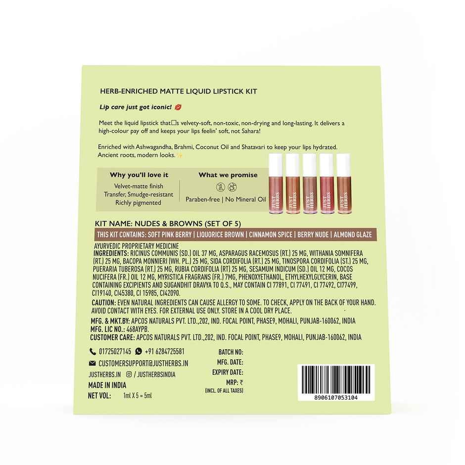 Just Herbs Enriched Liquid Lipstick Kit | Set Of 5 | Nudes And Browns