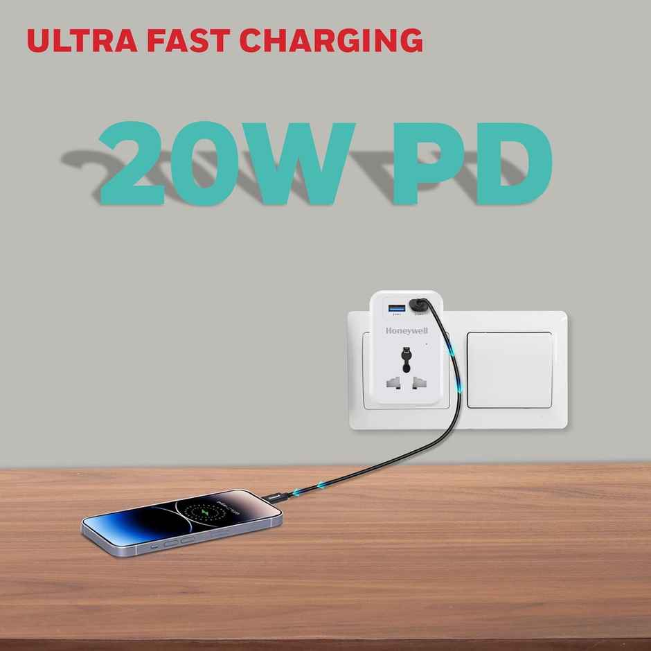 Honeywell 3 Out Surge Cube, Spike Guard, 1 Outlet, PD20W & USB A Port, 7500Amp, Charge On The Go, Device Secure Warranty, Automatic Overload Protection - White