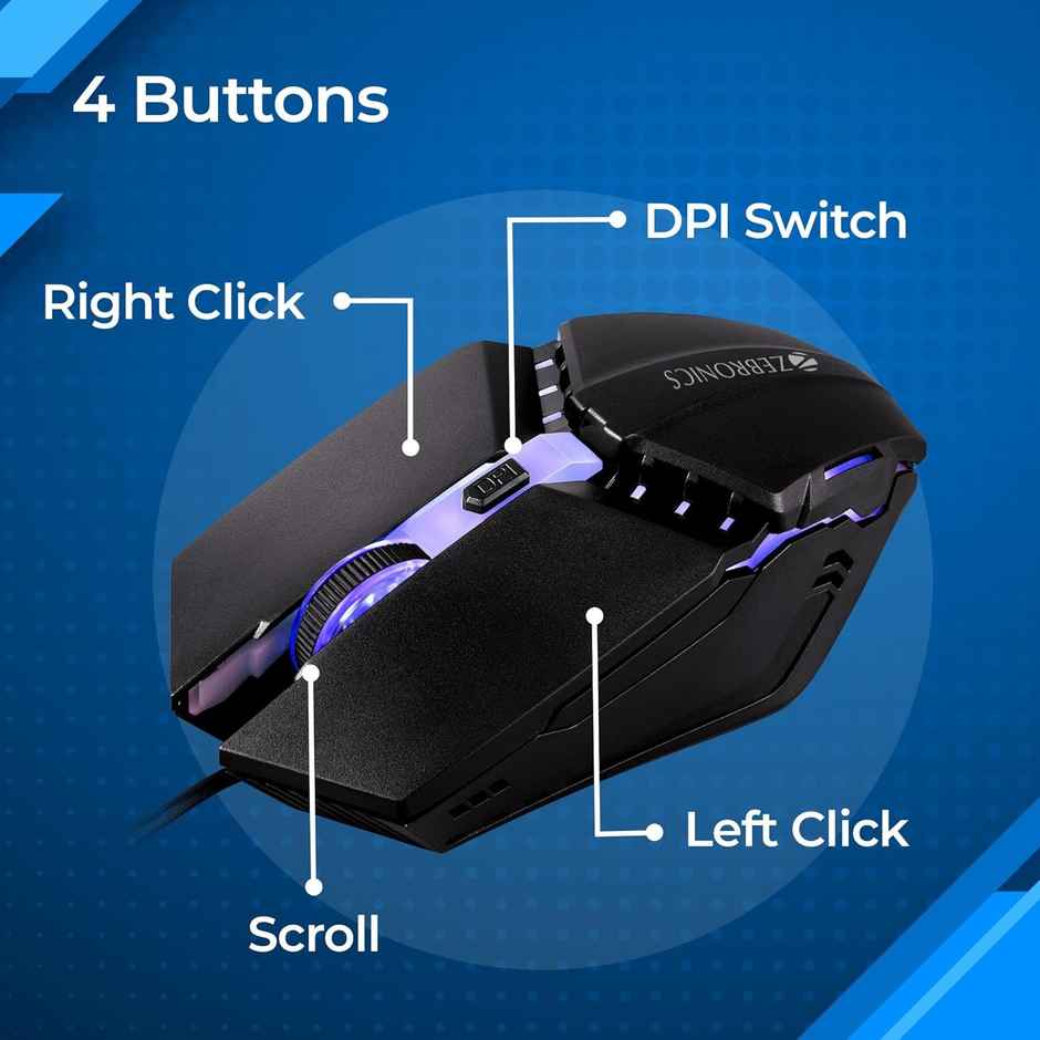 Zebronics Phero Wired Gaming Mouse With Up to 1600 DPI, LED Lights, DPI Switch, High Precision,4 Buttons - Black