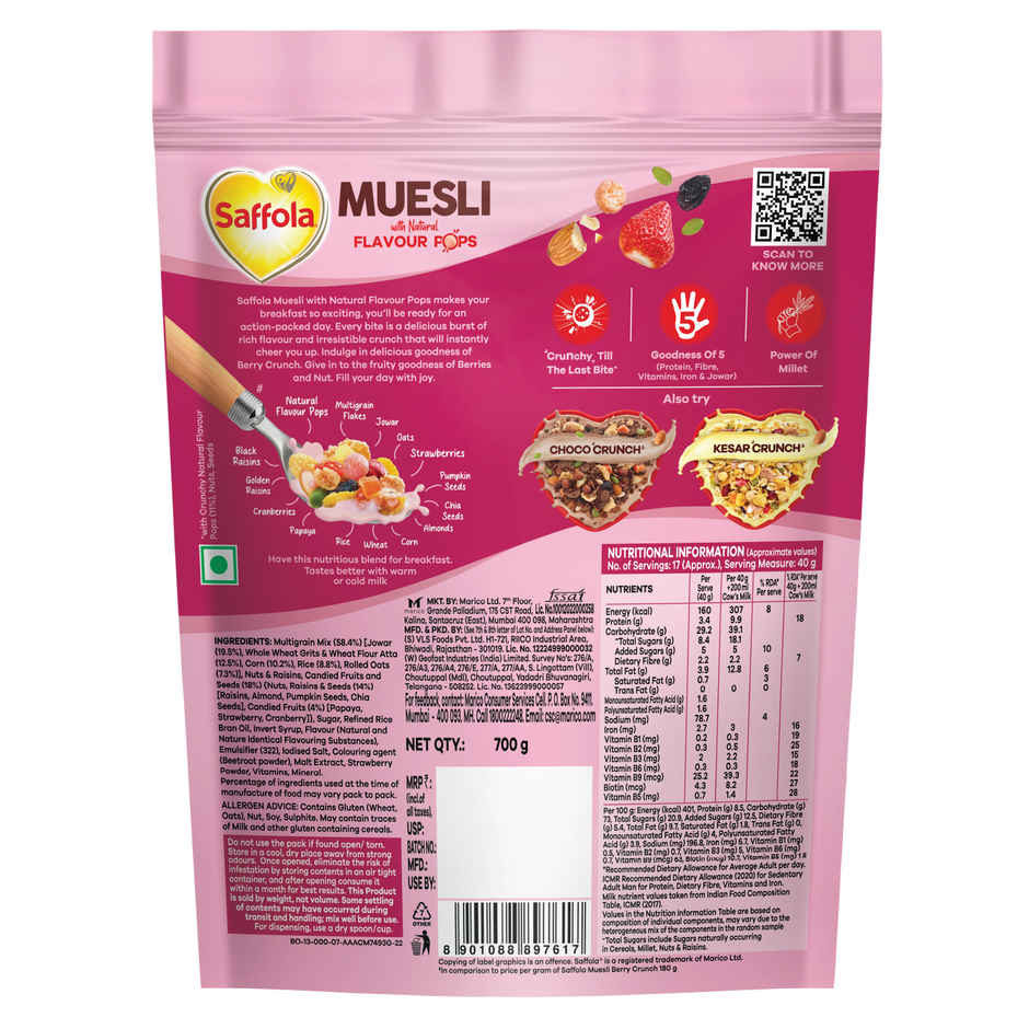 Saffola Muesli Fruit & Nut Berry Crunch with Flavour Pops | 15 In 1 Fruit And Nuts, Seeds | Millet & More