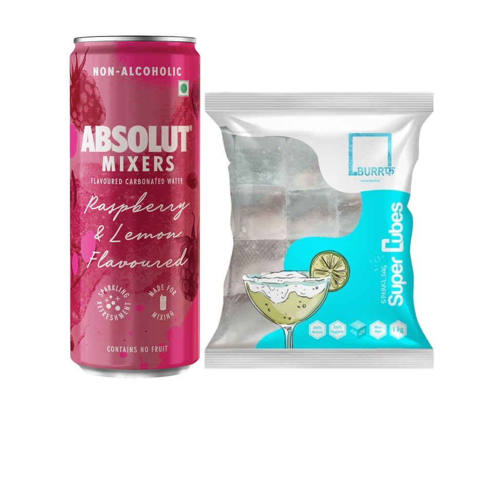 Burrf Super Cubes Ice Cubes (1kg) & Absolut Mixers Sparkling Raspberry & Lemon Flavoured (250ml) Combo
