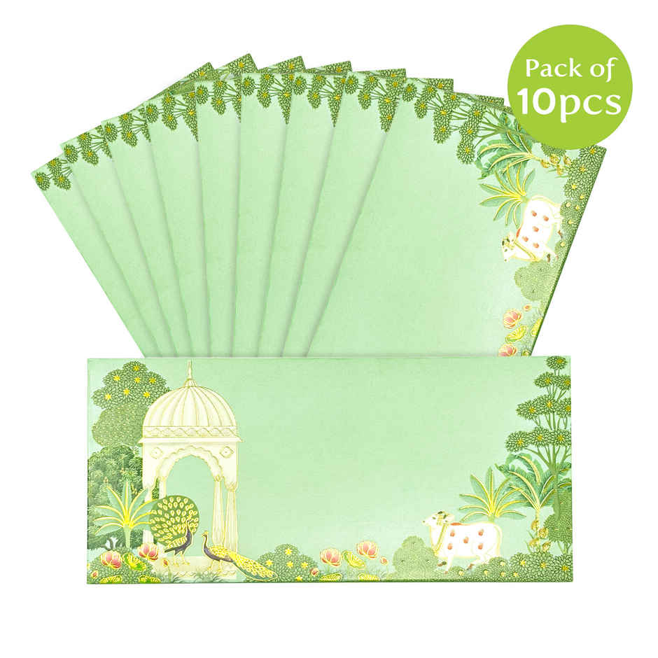 PaperPep Peacock Print | Foiled Textured Paper Shagun Envelopes | Green