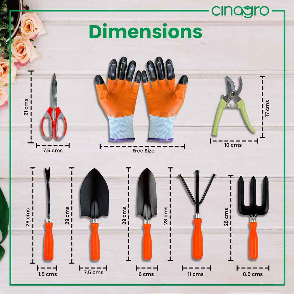 Cinagro Garden Tools- 9 Pcs, Weeder, 2 Trowels, Hand Fork, Cultivator, Scissor, Pruner,Glove, Spray