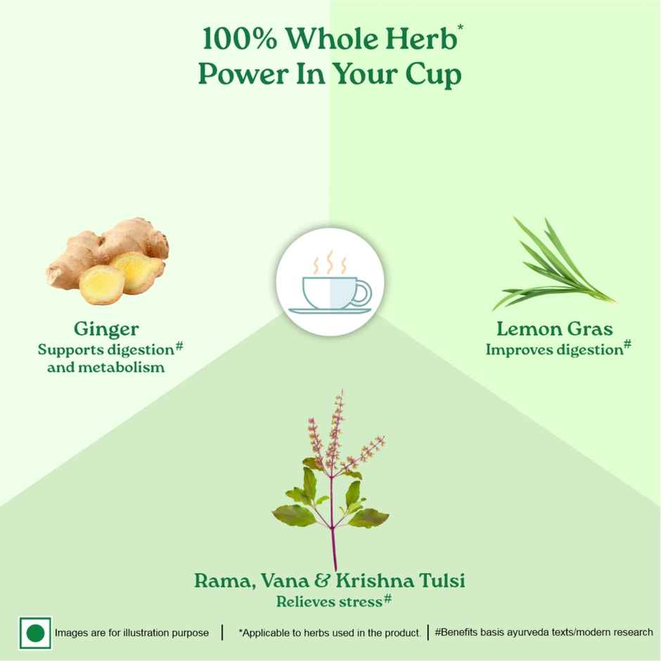 A TATA Product - Organic India Tulsi Green Tea Lemon Ginger - 25 Tea Bags, Supports Digestion