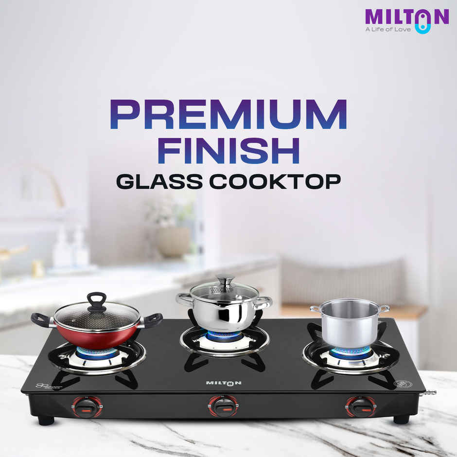 Milton Premium 3 Burner Black Manual Ignition Glass Top Gas Stove | ISI Certified