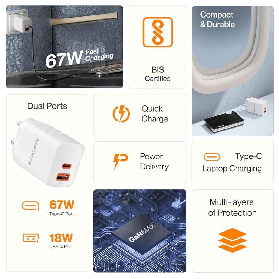 Ambrane 67W Dual Port Fast Charger for Laptop, Lenovo, HP, ASUS, Dell, MacBook & all Smartphones