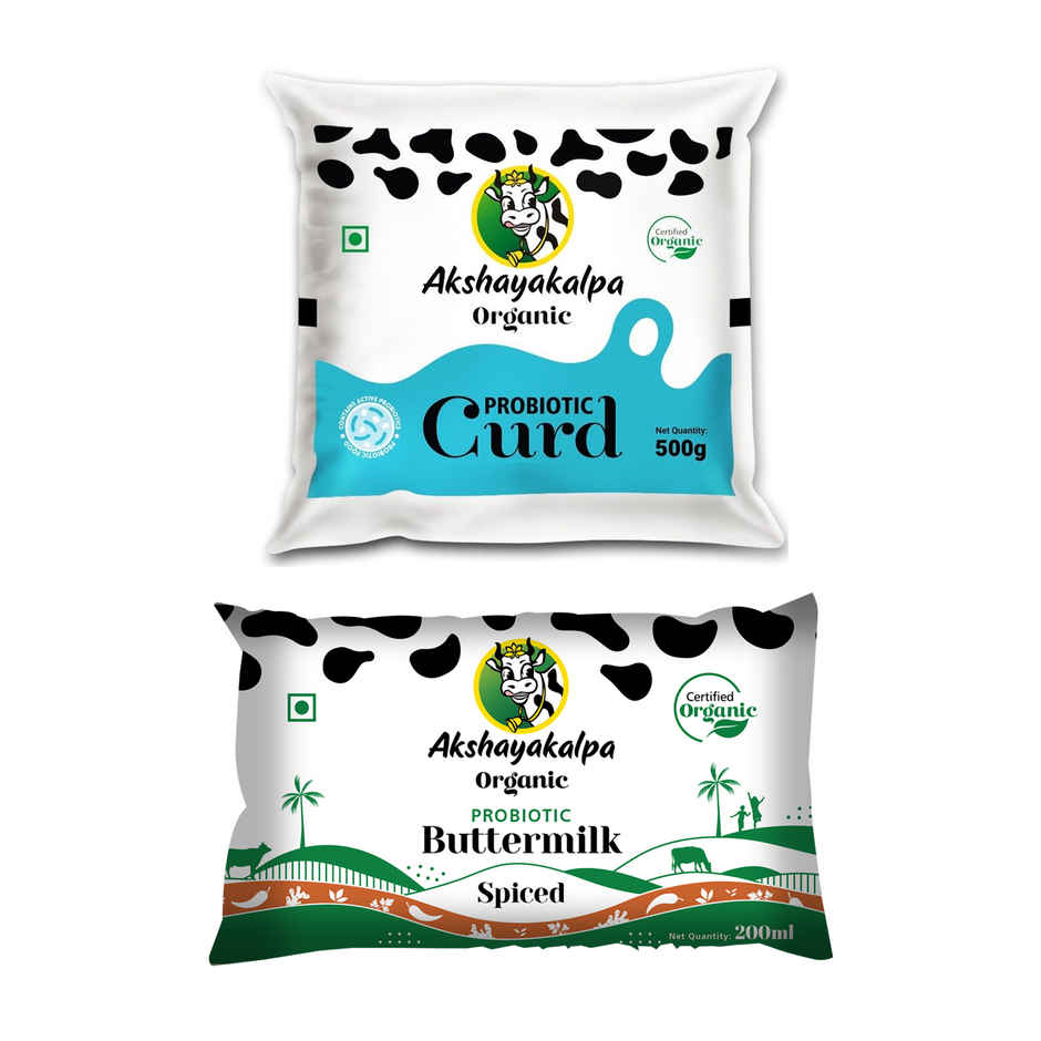 Akshayakalpa Organic Probiotic Curd Pouch(500gms) & Akshayakalpa - Organic Probiotic Buttermilk Spiced(200ml) Combo