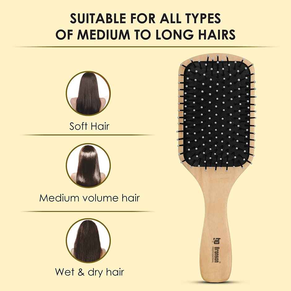 Bronson Professional Paddle Hair Brush Wooden With Strong & Flexible Nylon Bristles