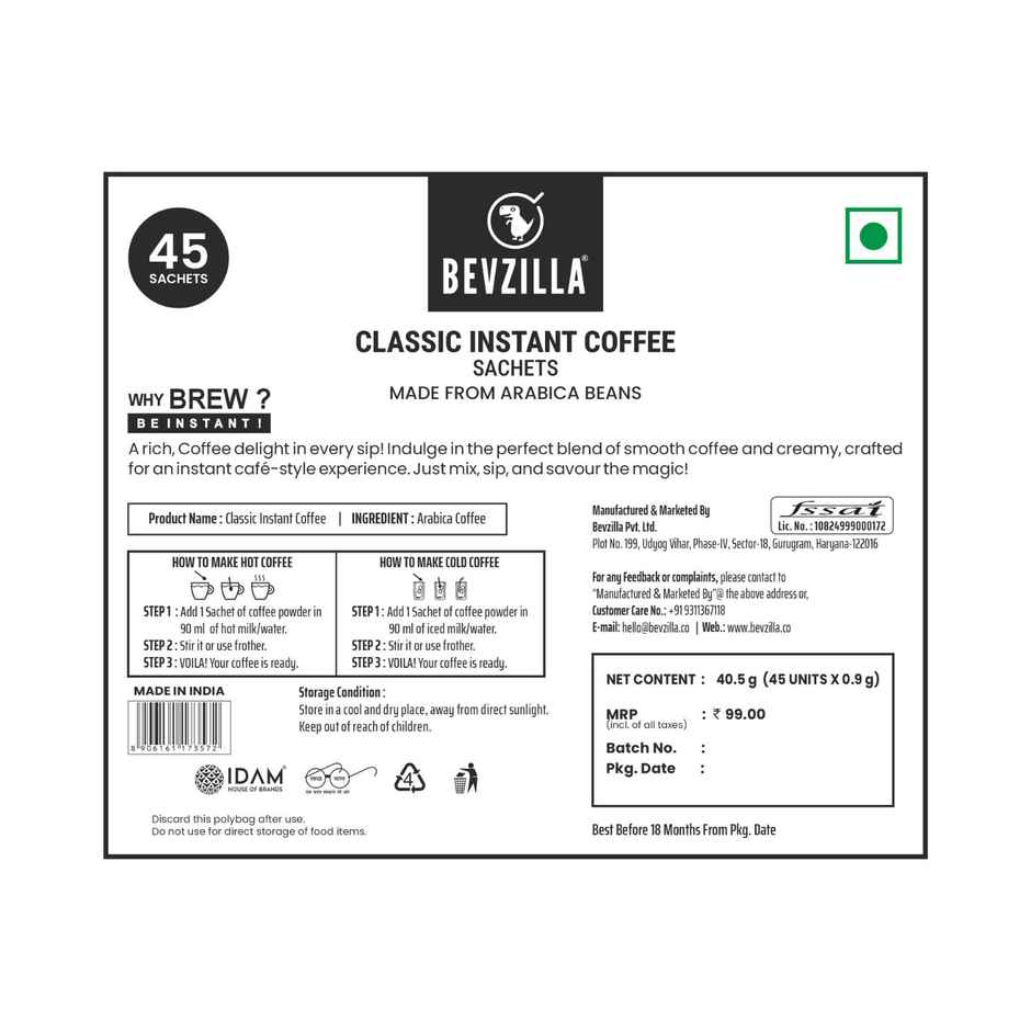 Bevzilla 45 Classic Instant Coffee Powder Sachets