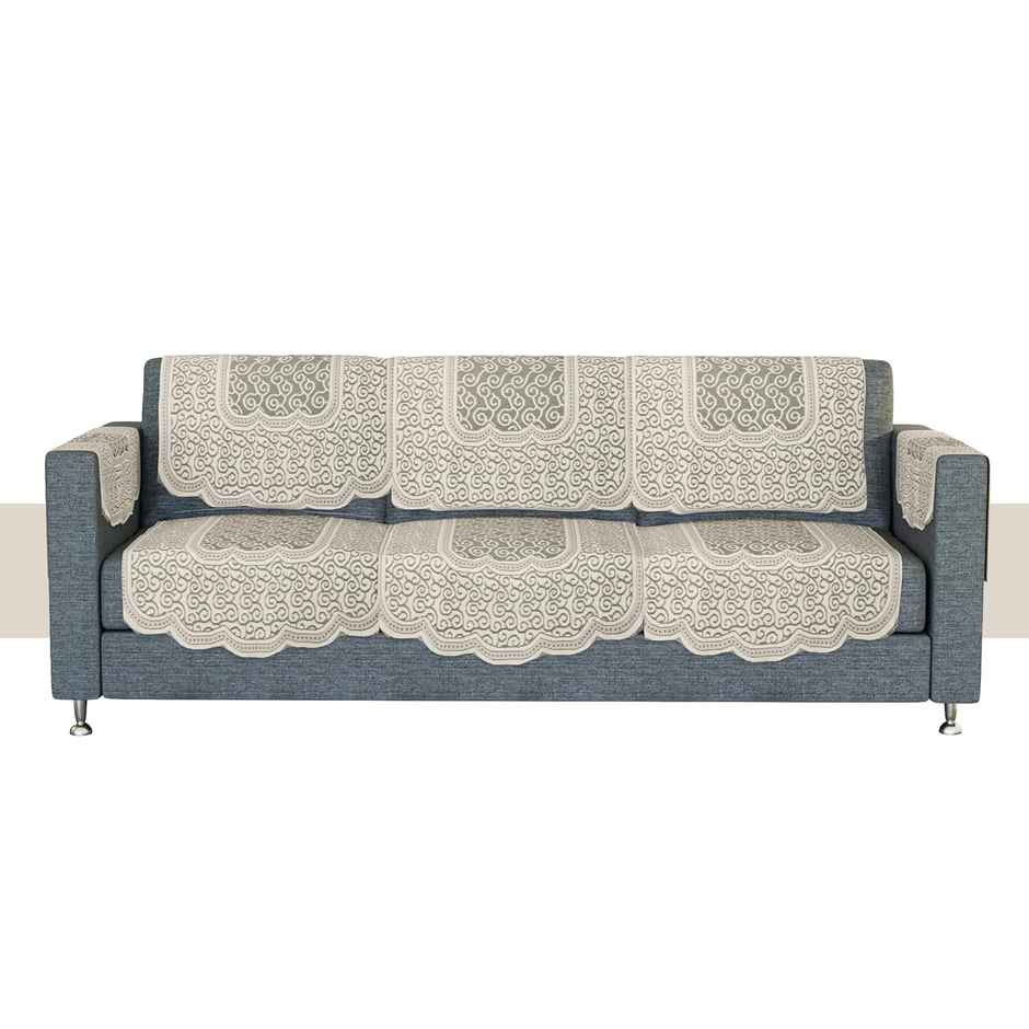 Kuber Industries Zig Zag Printed Net 5 Seater Sofa Cover with Arms Cover for Hall|Cream